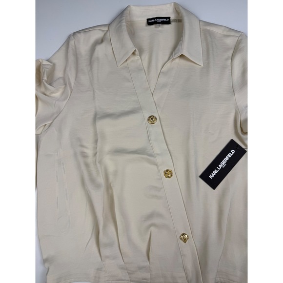 Karl Lagerfeld Paris Women's Cream V-Neck Button Front Blouse Size M - Picture 5 of 11